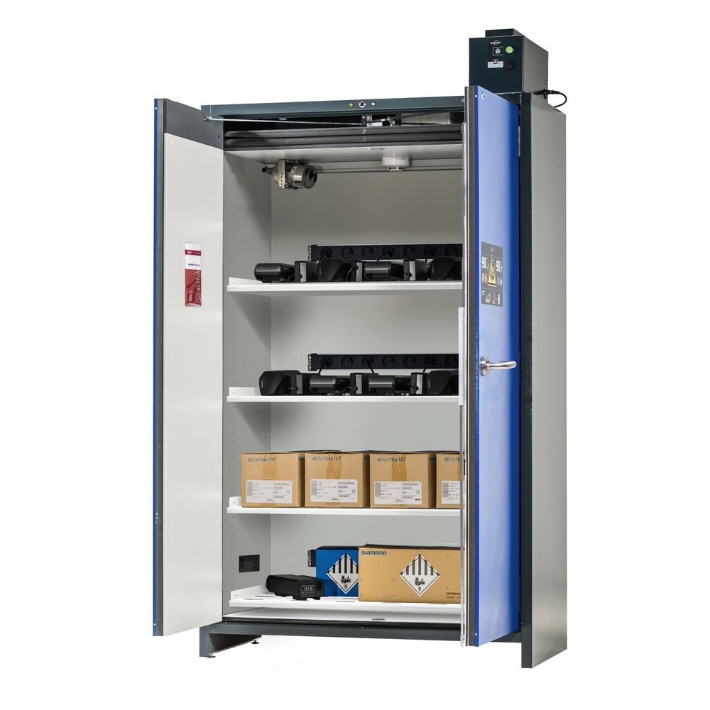 Produktabbildung: asecos® Sicherheitsschrank Typ 90 für Lithium-Ionen-Batterien ION-PRO-CHARGE, HxBxT 2224x1193x615 mm, 4x gelochte Fachböden, 4x Steckdosenleiste (CH-Ausführung), 1x Bodenauffangwanne