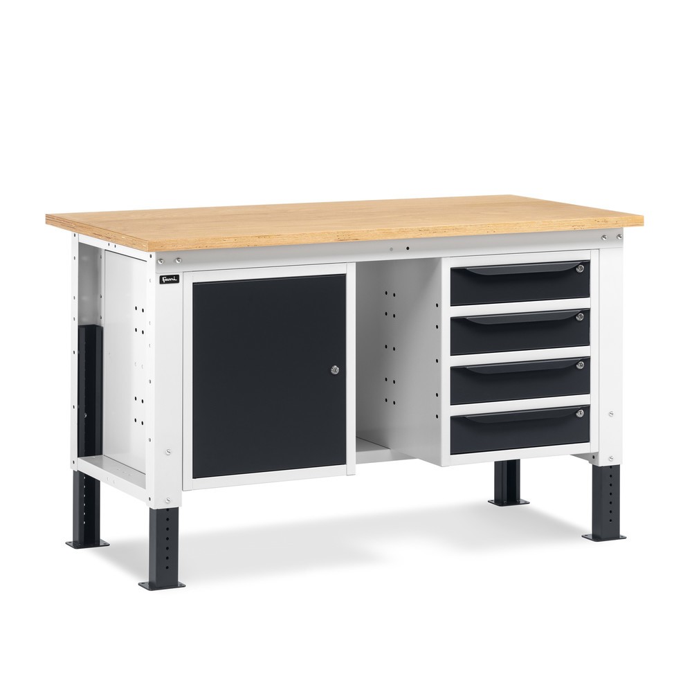 Produktabbildung: Fami Werkbank, höhenverstellbar, 4 Schubladen (Lücke) u. 1 Schrank, TK 1.000 kg, HxBxT 740-1.110 x 1.500 x 750 mm, RAL 7035 lichtgrau / RAL 7016 anthrazitgrau