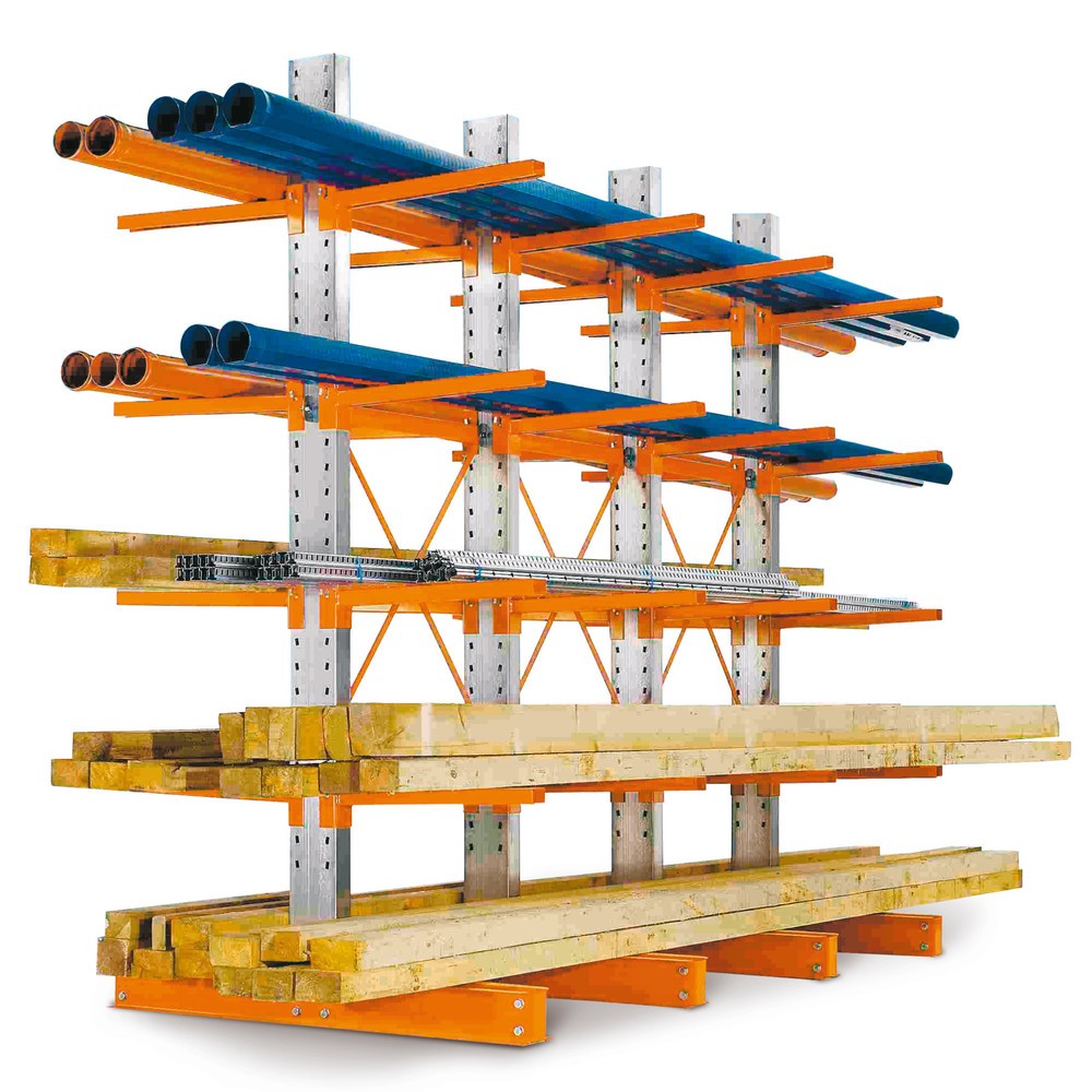 Produktabbildung Nr. 1: Komplettpaket Kragarmregal, leichte Ausführung, doppelseitig, Tragkraft pro Arm 300 kg, HxBxT 2.964 x 3.000 x 1.180 mm, 4 Ständer