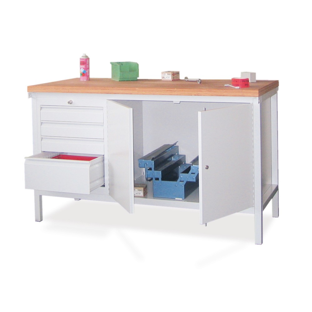 Produktabbildung: PAVOY Werktisch mit Schubladenblock + Schrank, HxBxT 900 x 1.500 x 700 mm, lichtgrau, anthrazitgrau