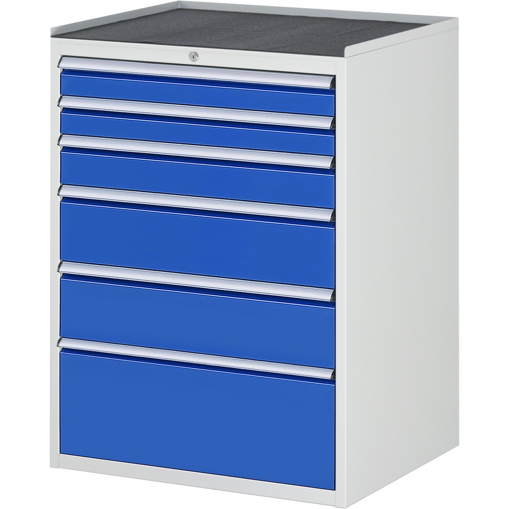 Produktabbildung: RAU Schubladenschrank Serie 7000, HxBxT 1.035 x 770 x 650 mm, 6 x 90%-Auszug-Schubladen 2 x 90, 1 x 120, 2 x 180, 1 x 270 mm, Arbeitsplatte Metall