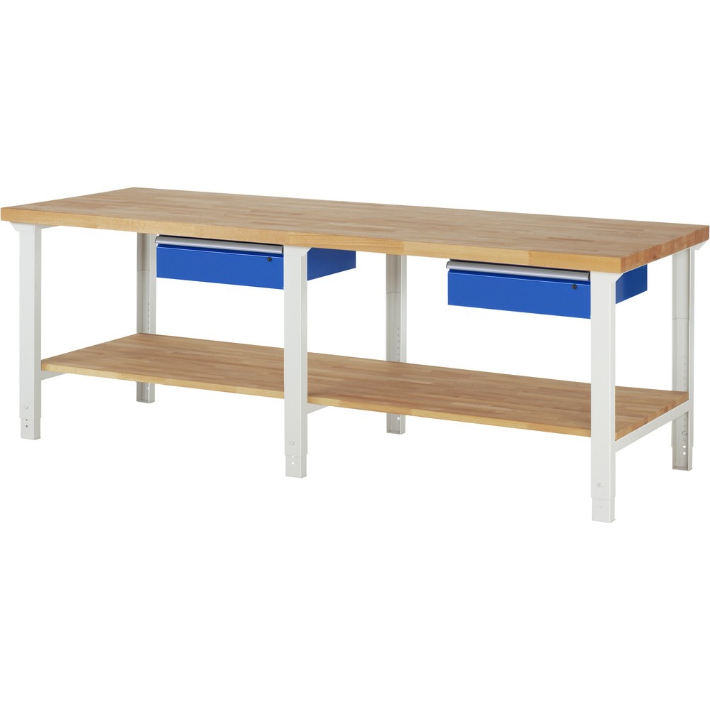 Produktabbildung Nr. 1: RAU Werkbank Serie 7000, HxBxT 790-1.140 x 2.500 x 900 mm, 1 Ablageboden, 2 Schubladen, ErgoScript