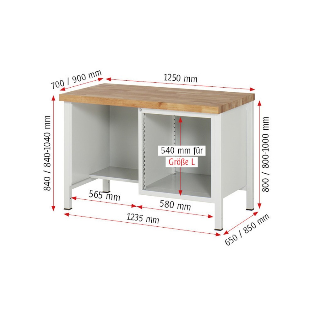 Produktabbildung Nr. 6: RAU Werkbank Serie 8000, 1 Ablageboden, HxBxT 840-1.040 x 1.250 x 700 mm, 4 x 90%-Auszug-Schubladen