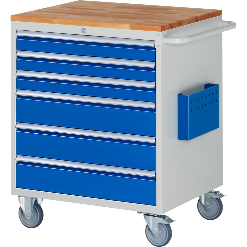 Produktabbildung: RAU Werkstattwagen Serie 7000, HxBxT 975 x 770 x 650 mm, 6 x 90%-Auszug-Schubladen 3 x 90, 3 x 150 mm, Arbeitsplatte Buche