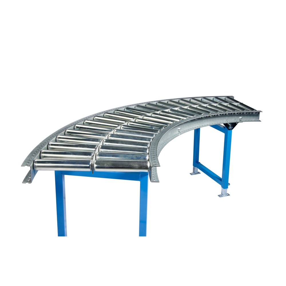 Produktabbildung: Schwerlast-Rollenbahn, Stahlrohrrollen, 90° Kurve, Bahnbreite 900 mm, Achsabstand 75 mm